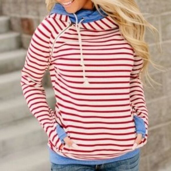 Ampersand Avenue Small Double Hoodie Sweatshirt Red Striped Nautical Coastal - Picture 1 of 11